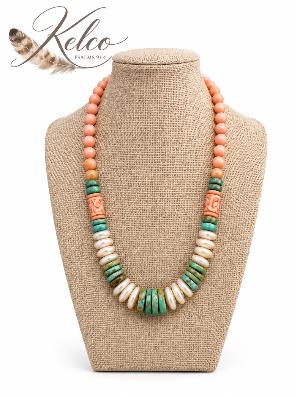 Carved Angel-skin Coral & Turquoise Pearl Necklace - Picture 1 of 3